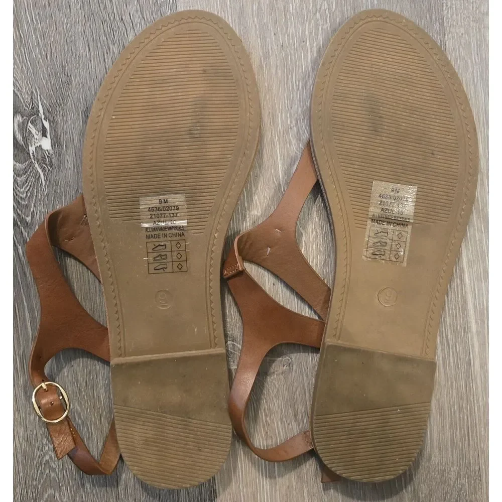Pierre Dumas‎ Sandals Thong Brown Ankle Strap Gold Medallion Accents 9M